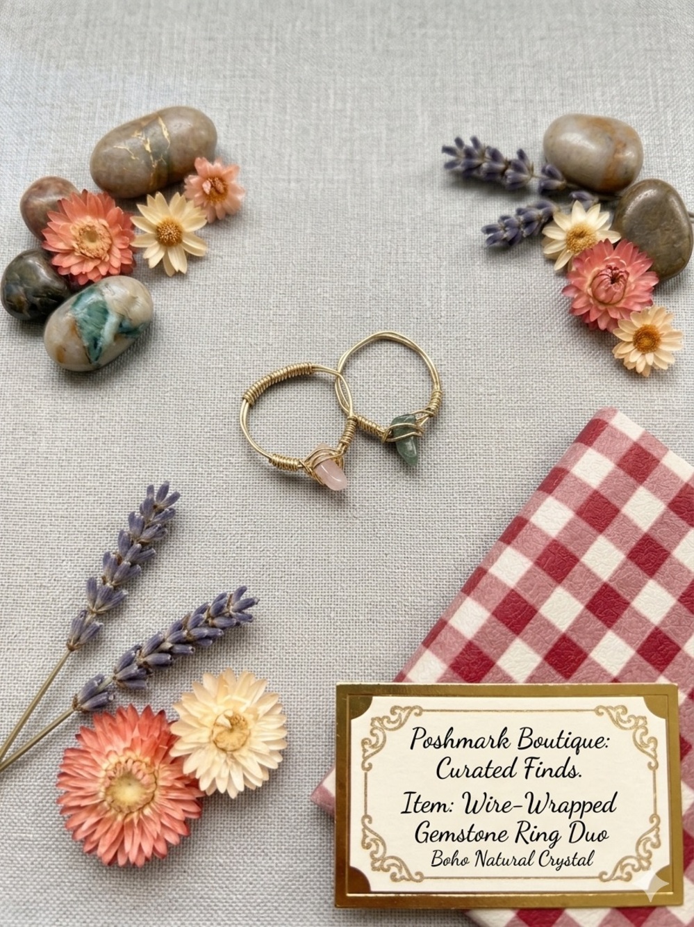 Hand Wire-Wrapped Rose Quartz & Green Gemstone Rings - Boho Gold Tone Set
